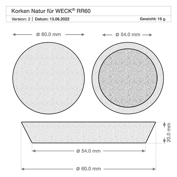 Butelka na sok 290ml WECK RR60 z korkiem naturalna Rysunek techniczny korka naturalnego do słoika WECK RR60 o wymiarach 60mm średnica 15g waga Specyfikacja produktu