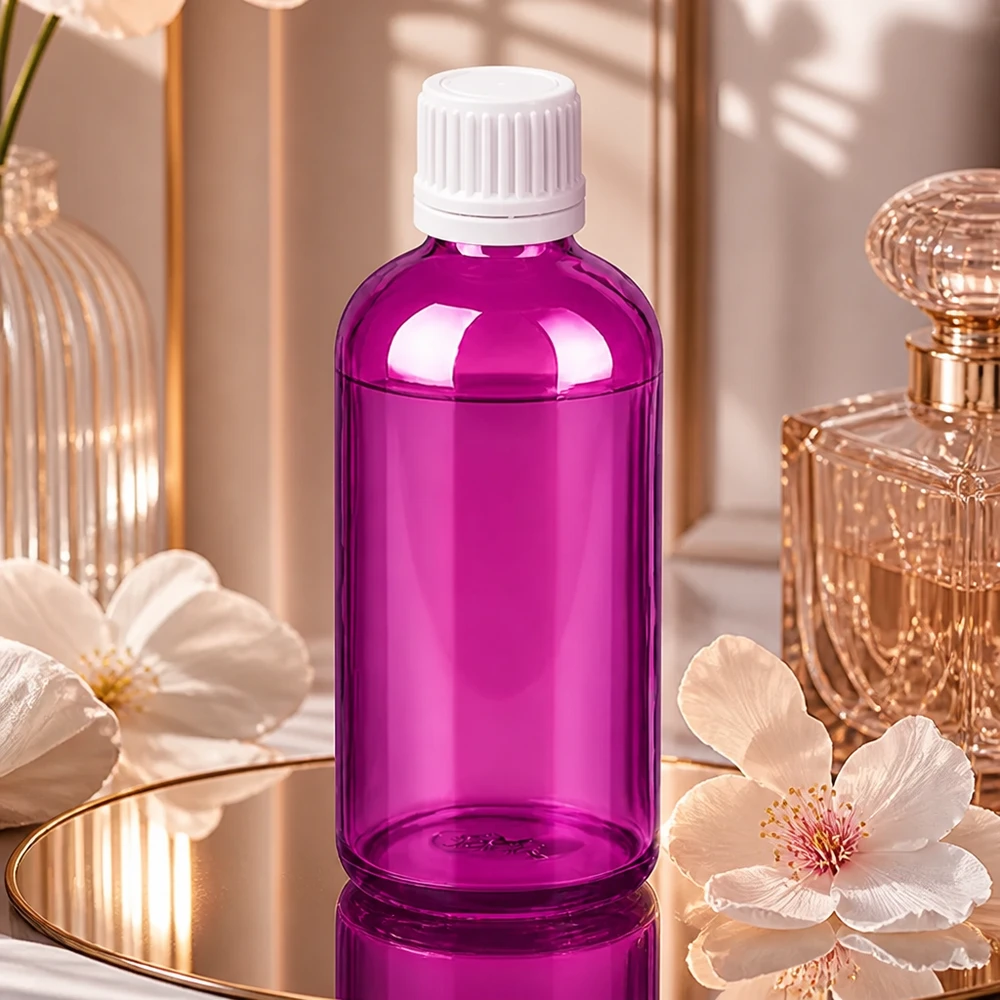 100 ml fioletowa szklana butelka z białą zakrętką z rowkami, idealna do płynów wrażliwych na światło