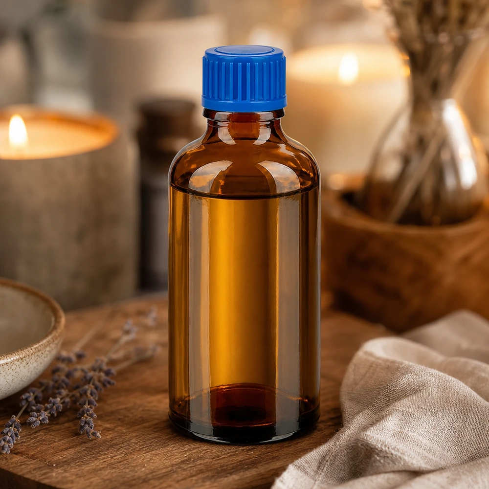 Mała butelka z zakraplaczem o pojemności 50 ml wykonana z bursztynowego szkła chroniącego przed promieniowaniem UV z praktyczną niebieską zakrętką