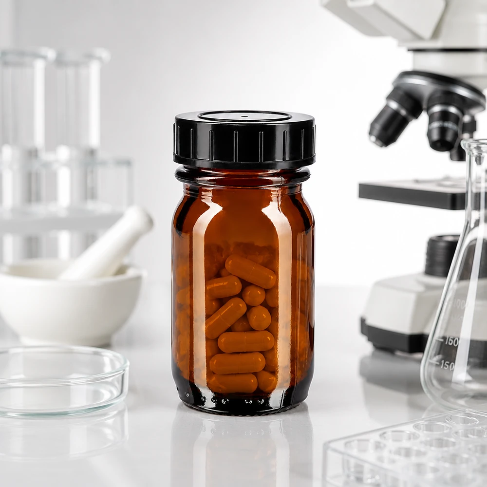 Kompaktowe butelki z bursztynowego szkła o pojemności 30 ml z szerokim otworem, idealne do zastosowań laboratoryjnych