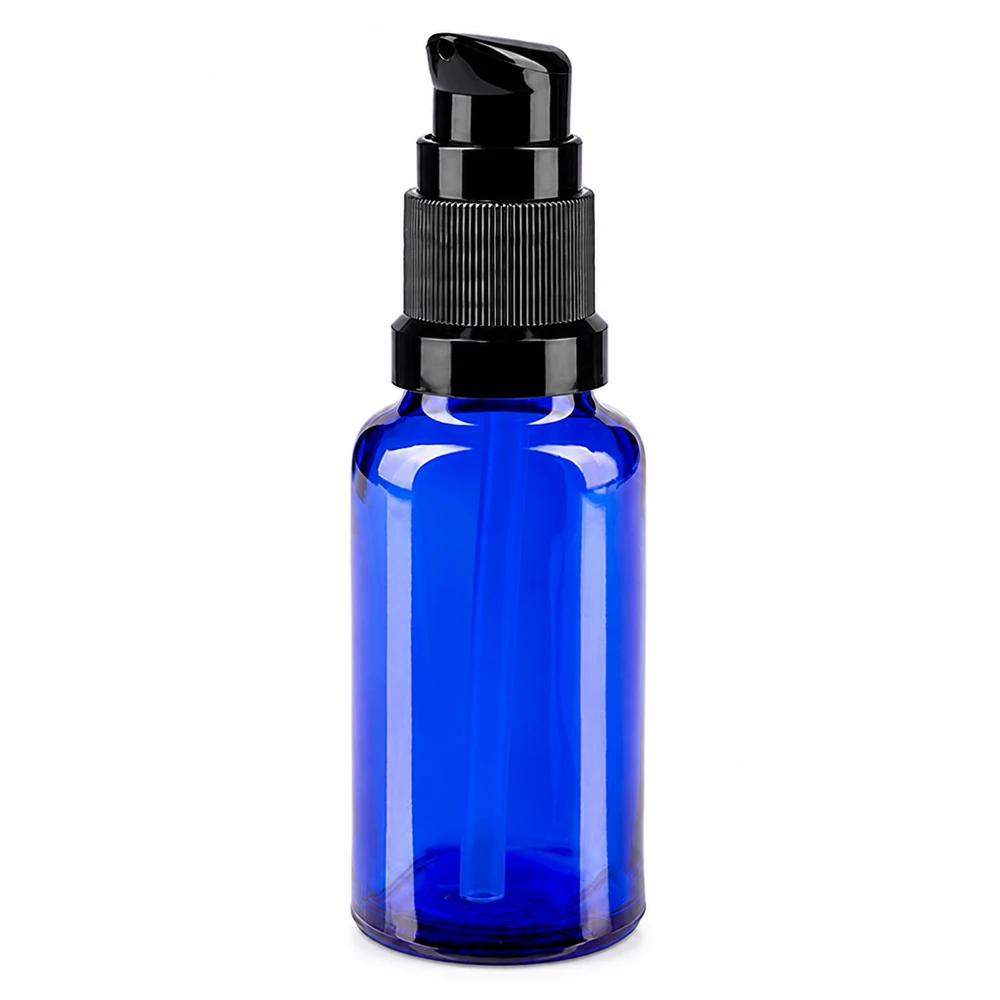 20 ml niebieska szklana buteleczka z czarną pompką do serum i olejków, wykonana z wysokiej jakości szkła aptecznego