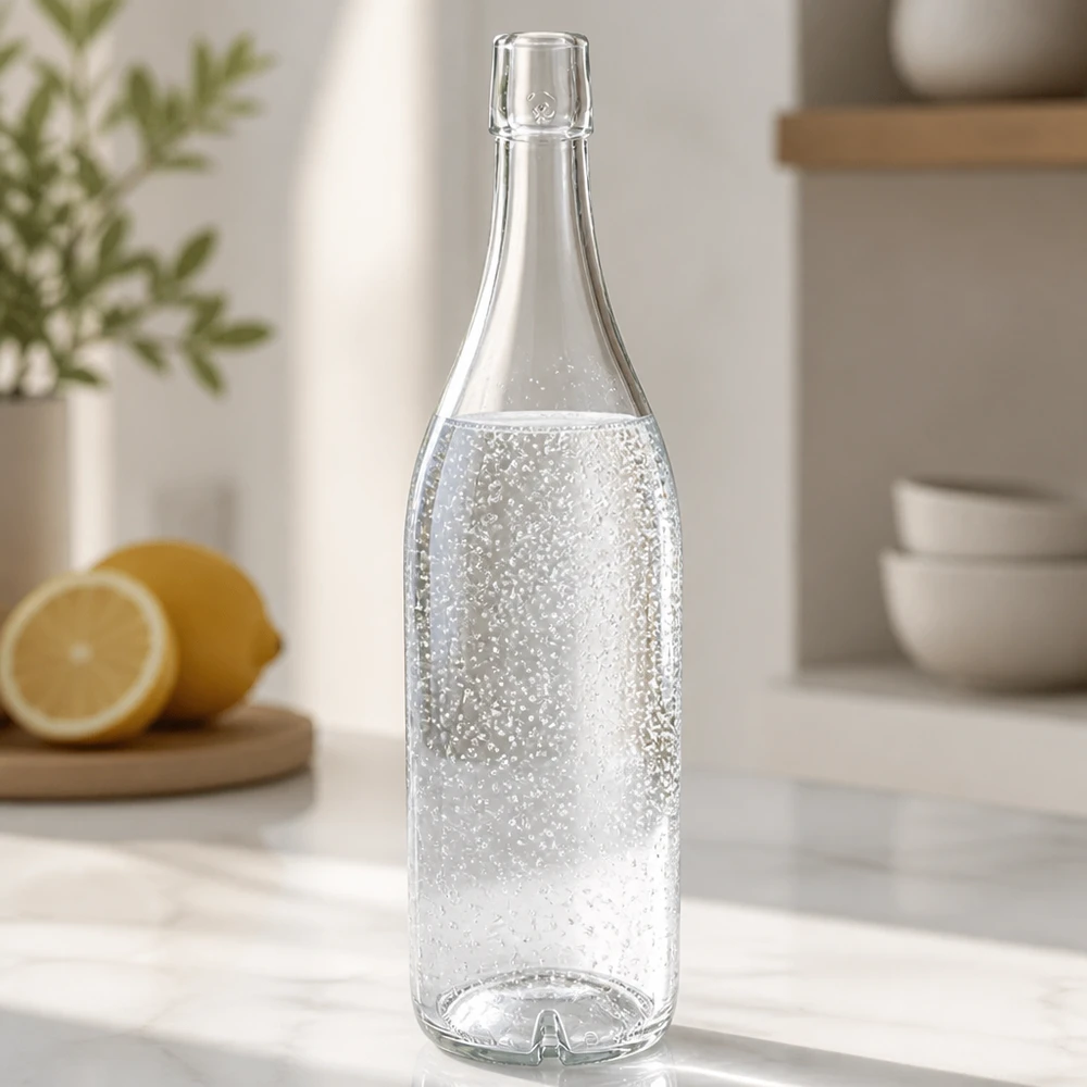 Butelka szklana 1000 ml bez zamknięcia typu UNiTWIST Szklana butelka 1000ml UNiTWIST wypełniona wodą gazowaną Blat kuchenny cytryny nowoczesne wyposażenie kuchni jasne