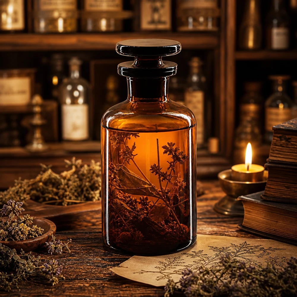 Butelka apteczna 50 ml, brązowa, z wąską szyjką i szklanym korkiem, przeznaczona do nalewek ziołowych i medycyny naturalnej