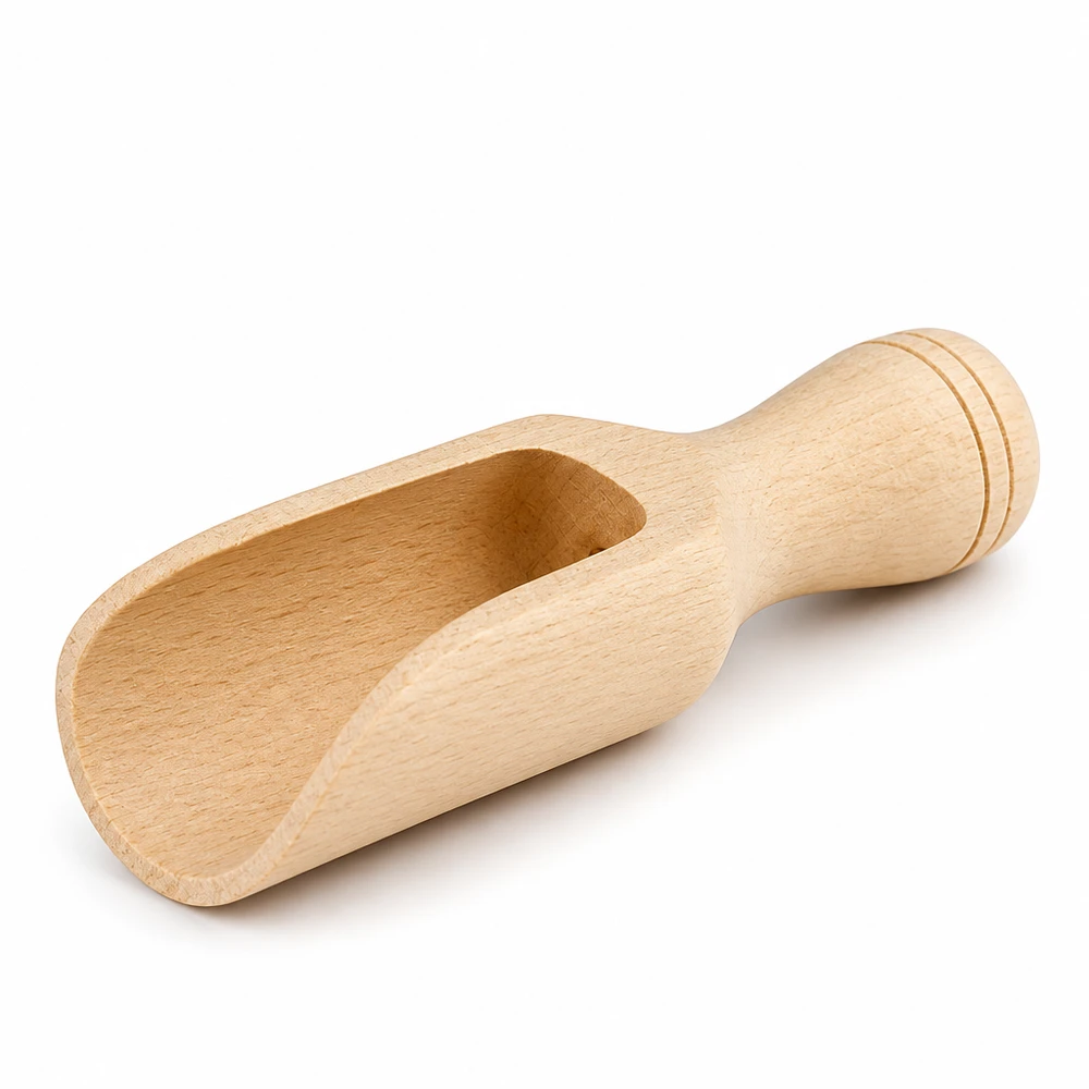 Drewniana łopata w rozmiarze S o półokrągłym kształcie i długości 7,5 cm Ręcznie wykonany drewniany czerpak z drewna bukowego o długości 7,5 cm i półokrągłym kształcie z ergonomicznym uchwytem do przypraw.