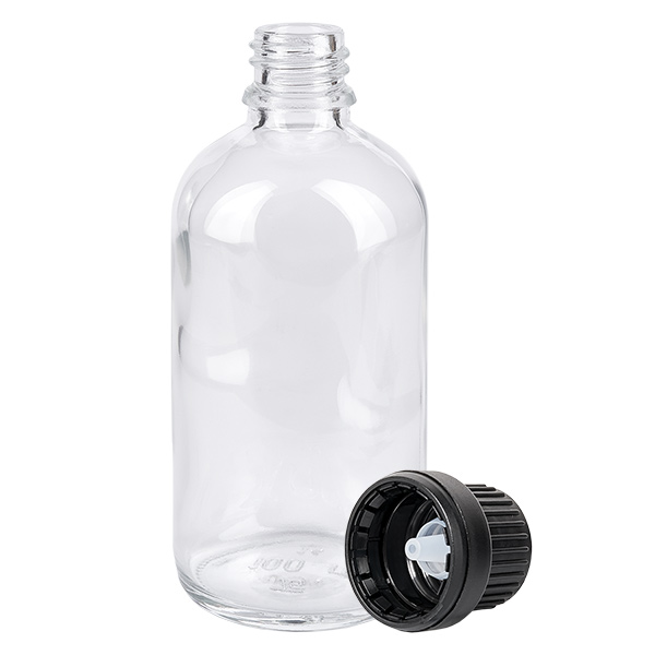 100 ml kroplówka 2 mm czarny OV ClearLine UT18/100 Pusta szklana butelka o pojemności 100 ml z czarnym zakraplaczem i otworem 2 mm, seria ClearLine