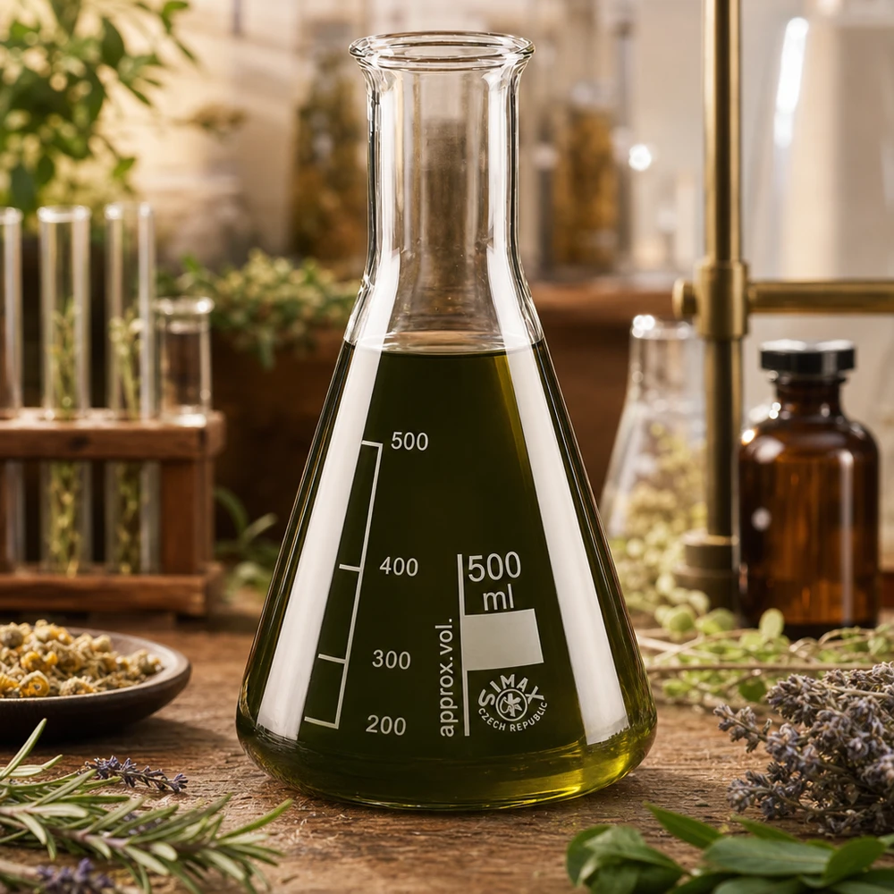Kolba Erlenmeyera 500 ml z wąską szyjką i zielonym płynem między ziołami i przyborami laboratoryjnymi