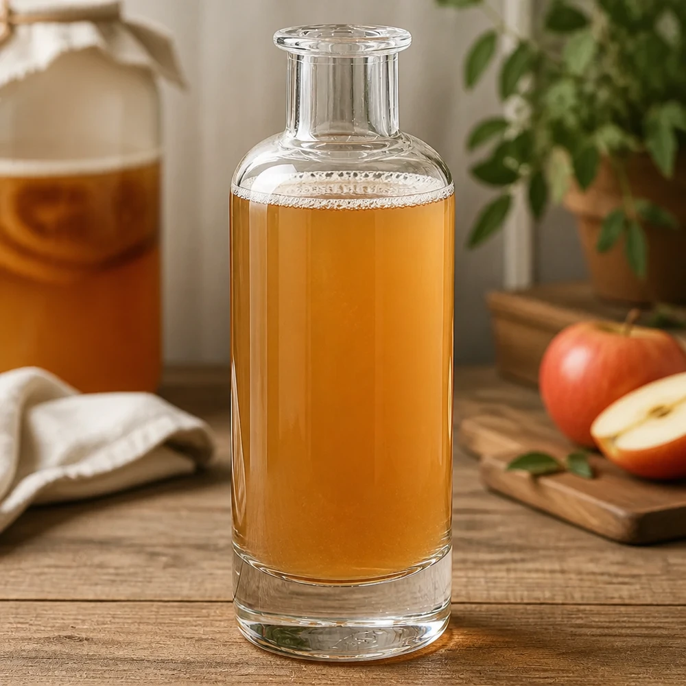 Szklana butelka Ella 200 ml bez zamknięcia UNiTWIST® 200ml Glasflasche Ella mit Apfelsaft befüllt in Küche zeigt vielseitige Nutzung für Säfte und Getränke