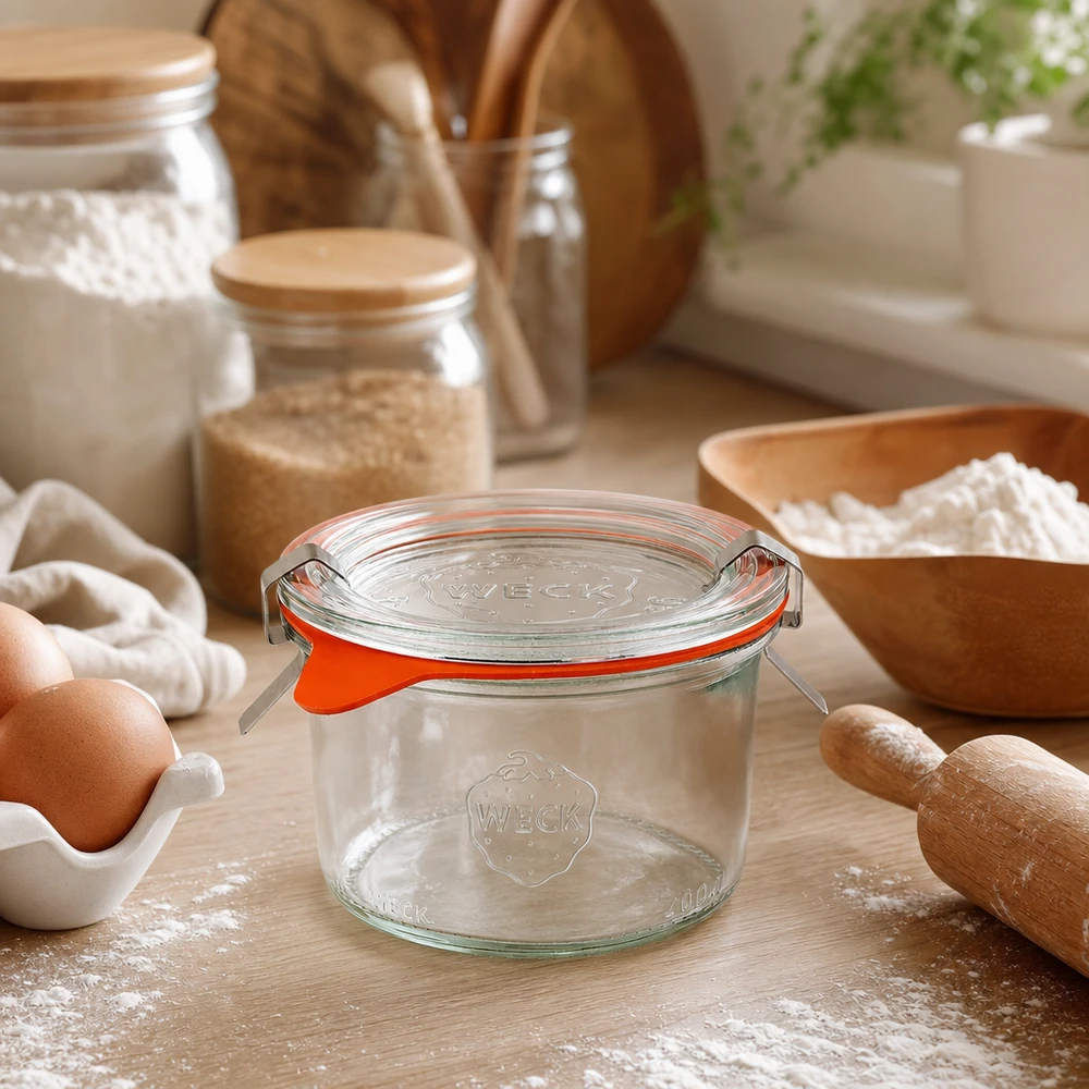 Kubki WECK 200ml RR80 w kuchennej scenerii ze składnikami do pieczenia, mąką, jajkami i drewnianymi przyborami do pieczenia i gotowania