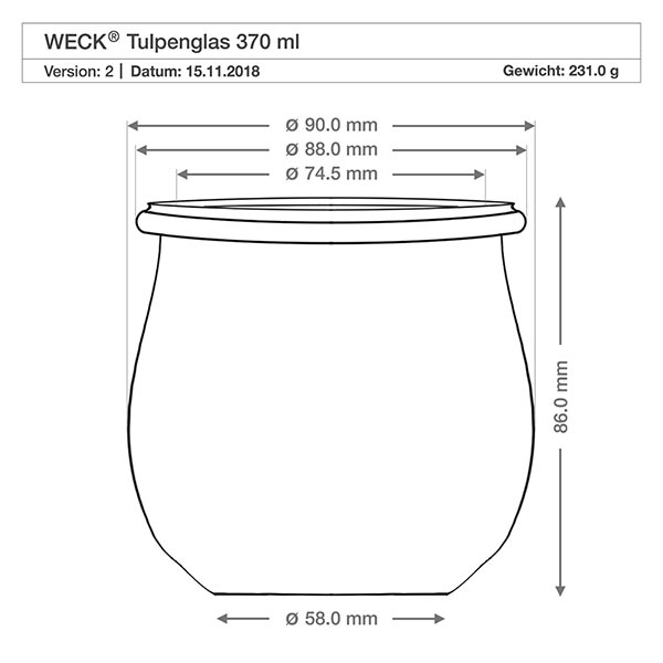 370ml słoik tulipan WECK RR80 z drewnianą kulką buk Rysunek techniczny słoika WECK tulipan RR80 370ml z wymiarami i specyfikacją produktu, waga 231g