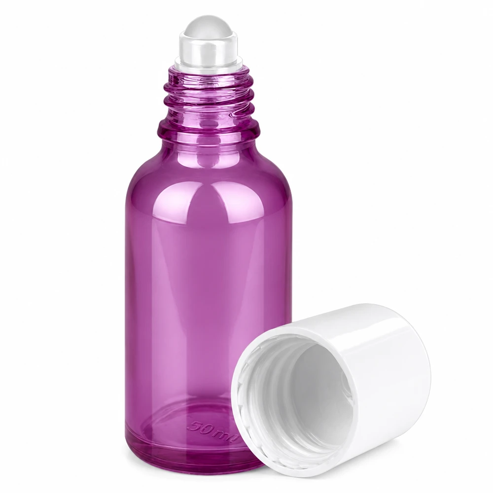 Butelka roll-on 30 ml, biała, standardowa PurpleLine UT18/30 Fioletowa szklana butelka typu roll-on o pojemności 30 ml z aplikatorem w kształcie kulki, idealna do olejków eterycznych i serum.