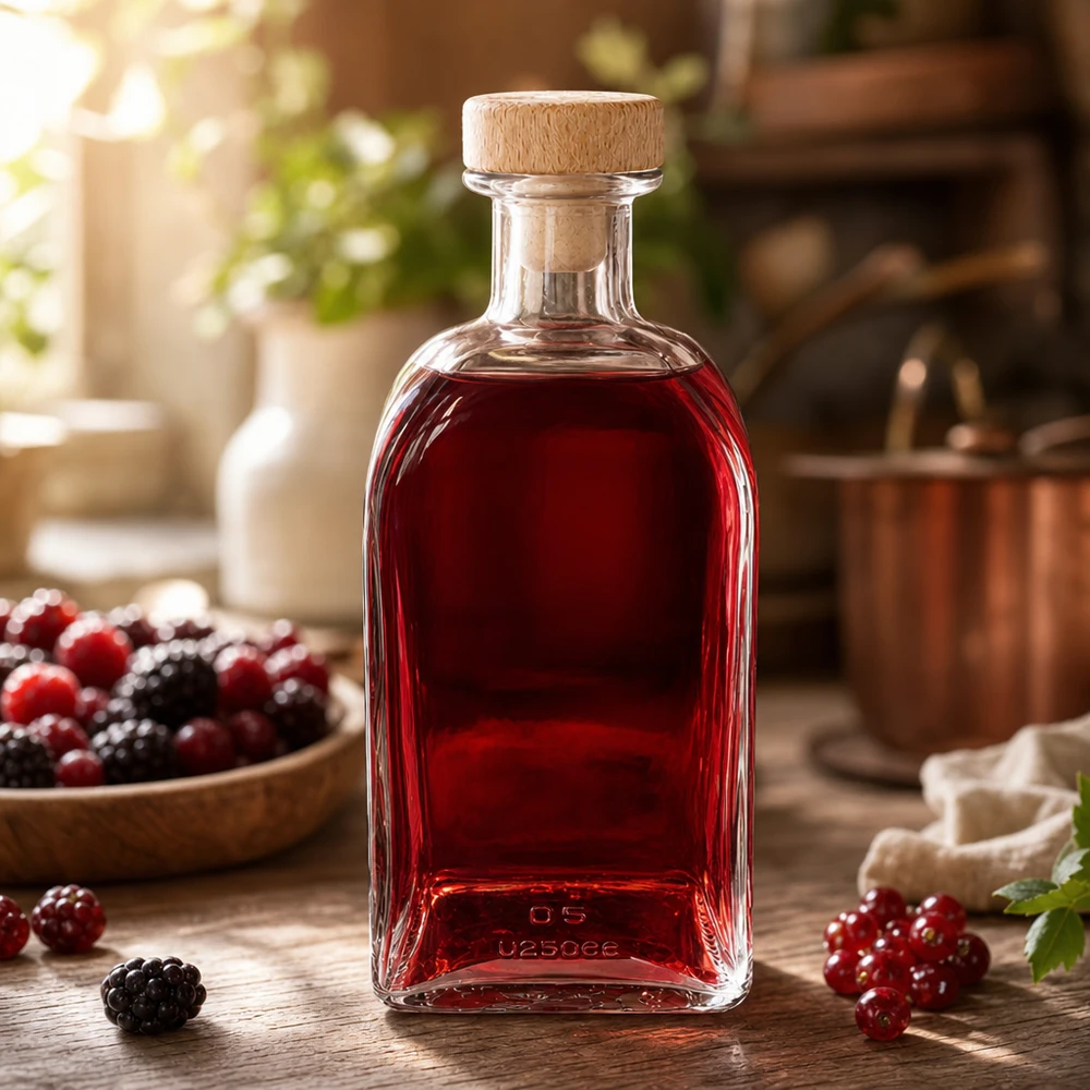 500 ml szklana butelka Julia z drewnianym korkiem wypełniona likierem z czerwonych jagód na drewnianym stole z jeżynami i czerwonymi porzeczkami