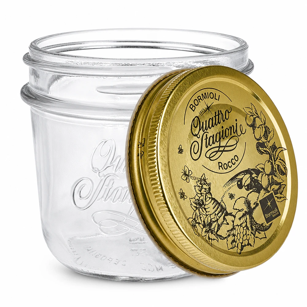 200ml Quattro Stagioni kubki ze złotą pokrywką Bormioli Rocco słoik na przetwory przezroczysty pusty