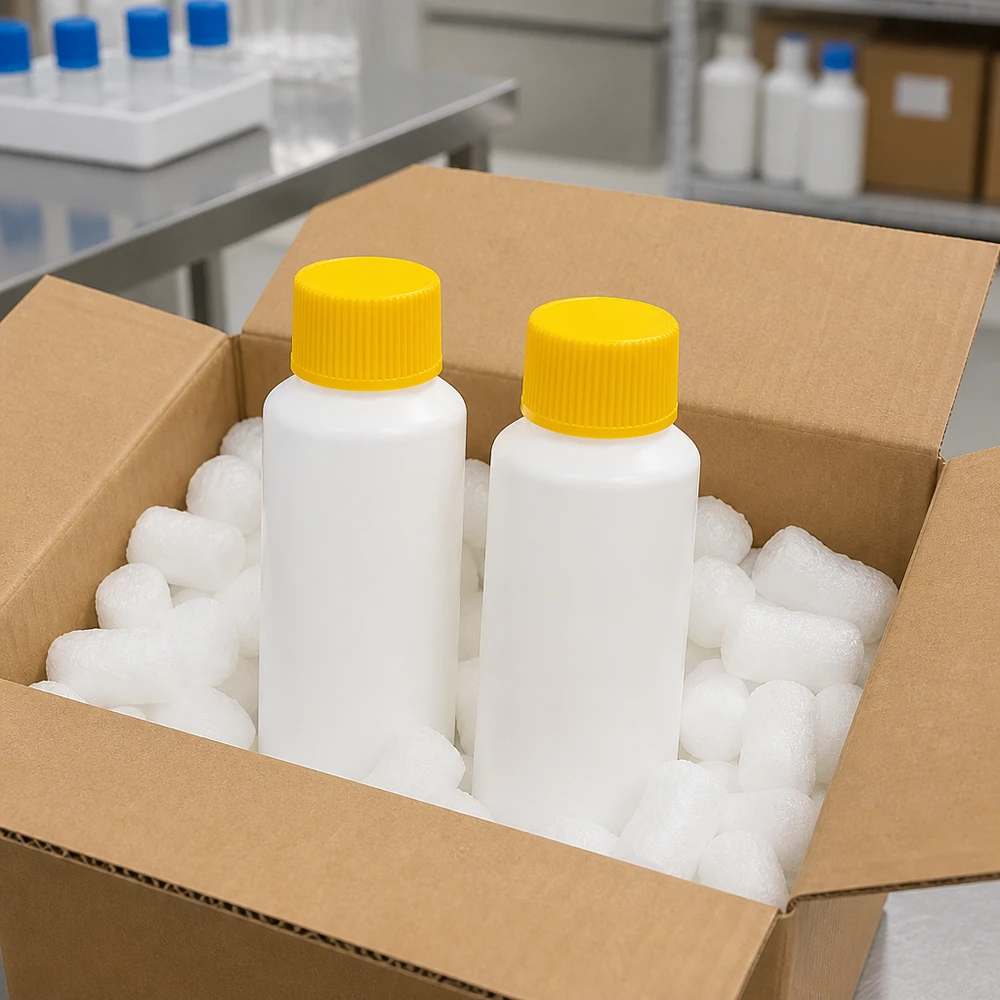 Dwie białe butelki apteczne z HDPE o pojemności 30 ml z żółtym zamknięciem zabezpieczającym, bezpiecznie zapakowane w karton