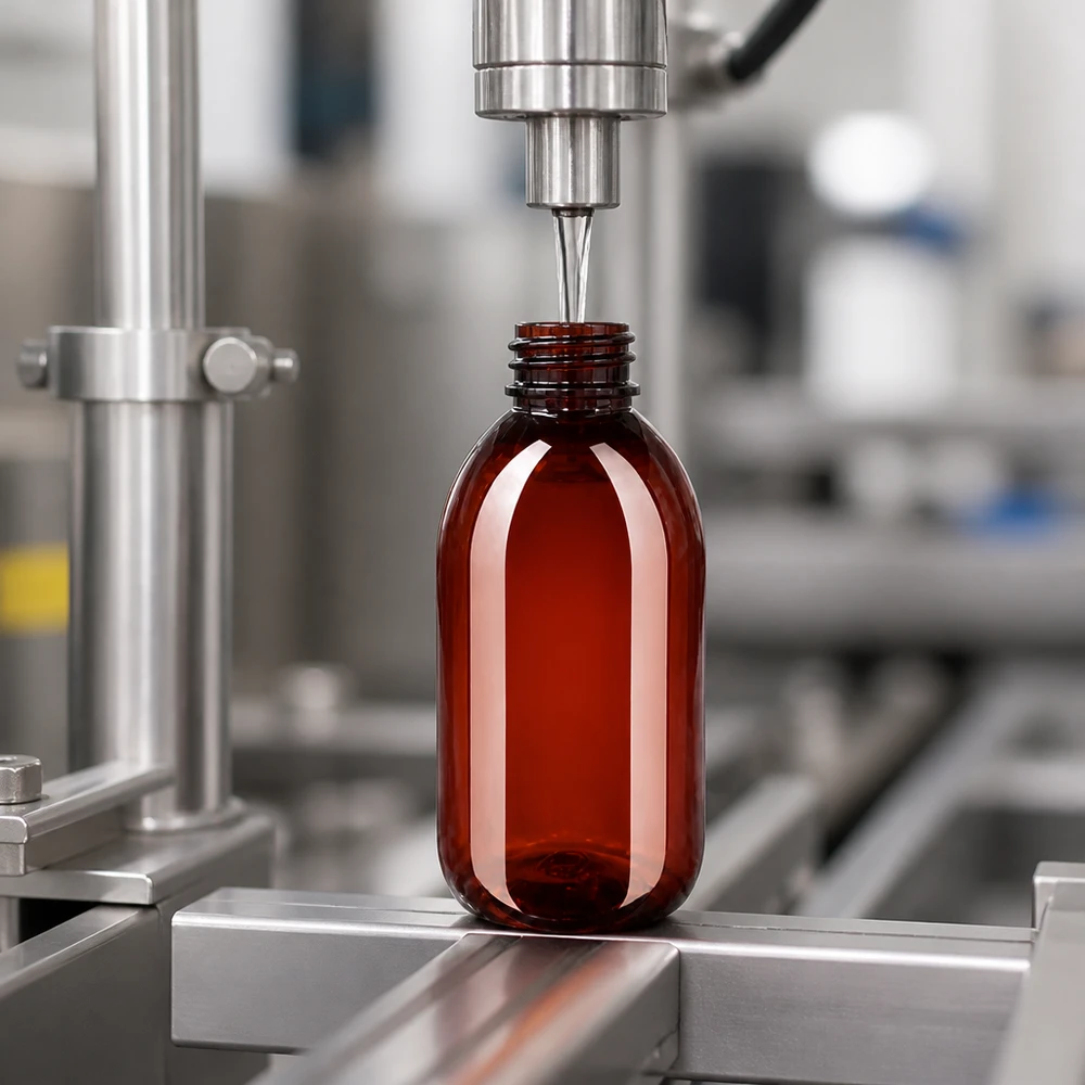 Automatyczna linia rozlewnicza napełnia bursztynowe butelki PET o pojemności 250 ml w ramach produkcji farmaceutycznej
