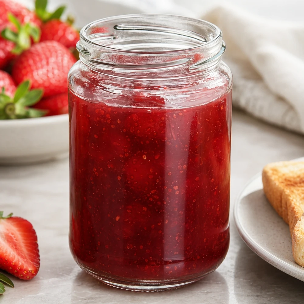 UNiTWIST Runda390 okrągła szklanka 390ml TO70 wypełniona czerwonym dżemem truskawkowym obok świeżych truskawek i tostów