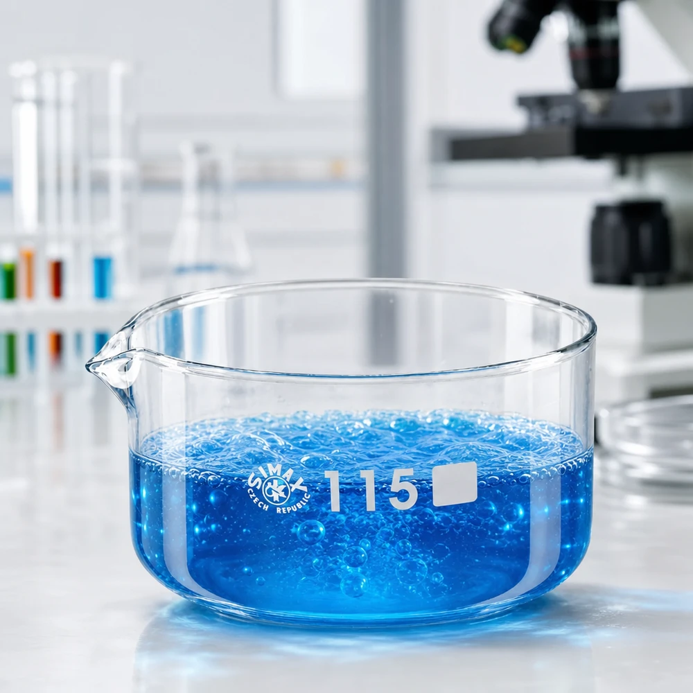 Miska do krystalizacji o pojemności 500 ml z niebieską wrzącą cieczą, wylewka o średnicy 115 mm, SIMAX, Czechy, laboratorium