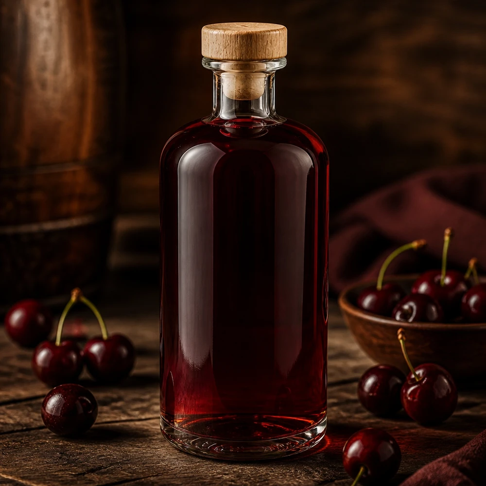 Flora 500ml szklana butelka z drewnianym korkiem wypełniona likierem wiśniowym pomiędzy świeżymi wiśniami na rustykalnym drewnianym stole