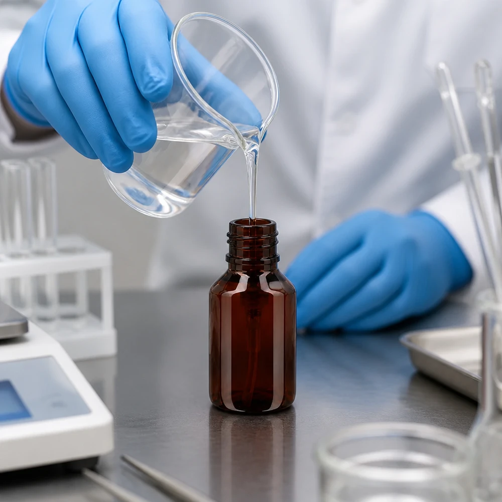 Butelka PET 50ml z pompką dozującą czarna Laborant w niebieskiej rękawiczce napełnia bursztynową butelkę PET o pojemności 50 ml przezroczystym płynem