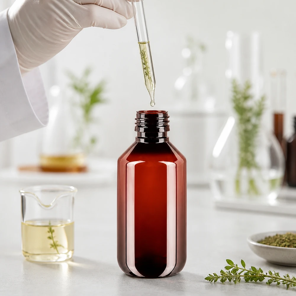 Laborant napełnia brązową butelkę PET o pojemności 200 ml olejkiem eterycznym za pomocą pipety