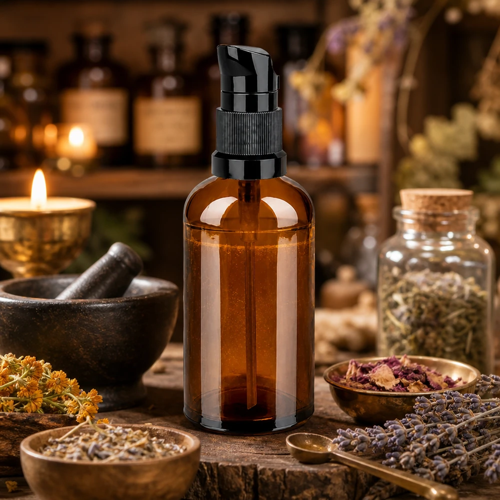 100 ml butelka z pompką czarna STD BrownLine UT18/100 Butelka z pompką STD BrownLine UT18 100 ml z eleganckiego bursztynowego szkła z praktycznym czarnym dozownikiem z pompką