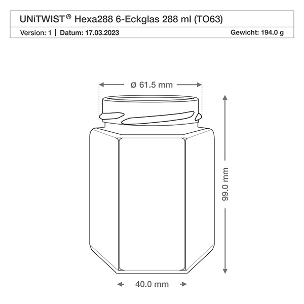 UNiTWIST Hexa288 - 6-komorowy słoik o pojemności 288 ml TO63 UNiTWIST Hexa288 6-komorowa szklanka 288ml TO63 Rysunek techniczny z wymiarami Średnica 61,5mm Wysokość 99mm Waga 194g