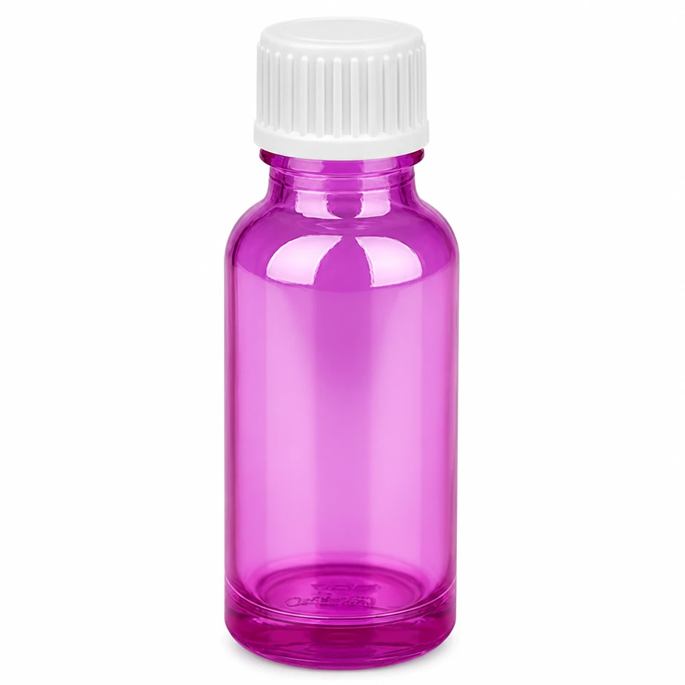 20 ml butelka z zakraplaczem w kolorze fioletowym z białą nakrętką z otworem 0,9 mm do precyzyjnego dozowania