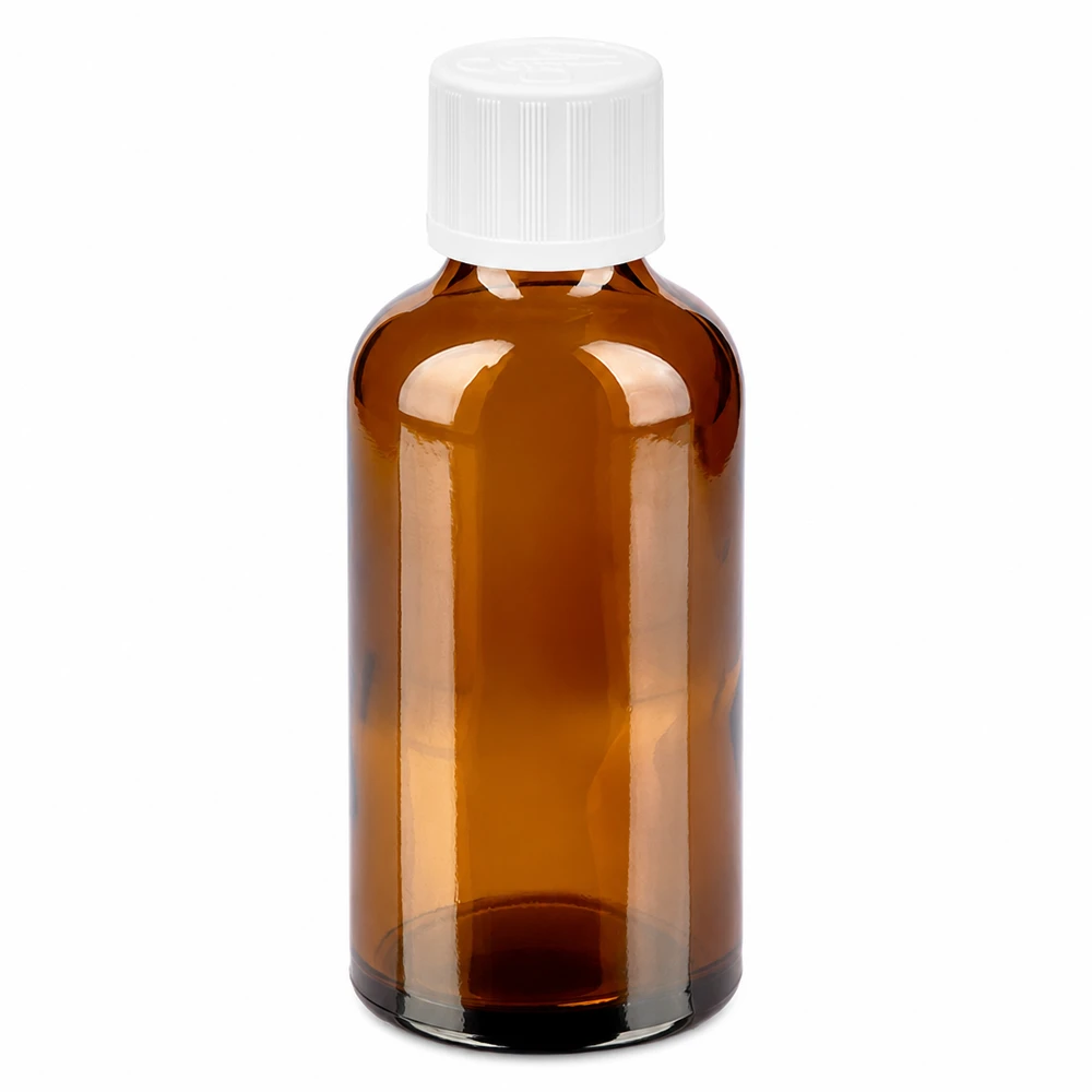 Butelka z bursztynowego szkła o pojemności 50 ml z białą zakrętką na leki i kosmetyki