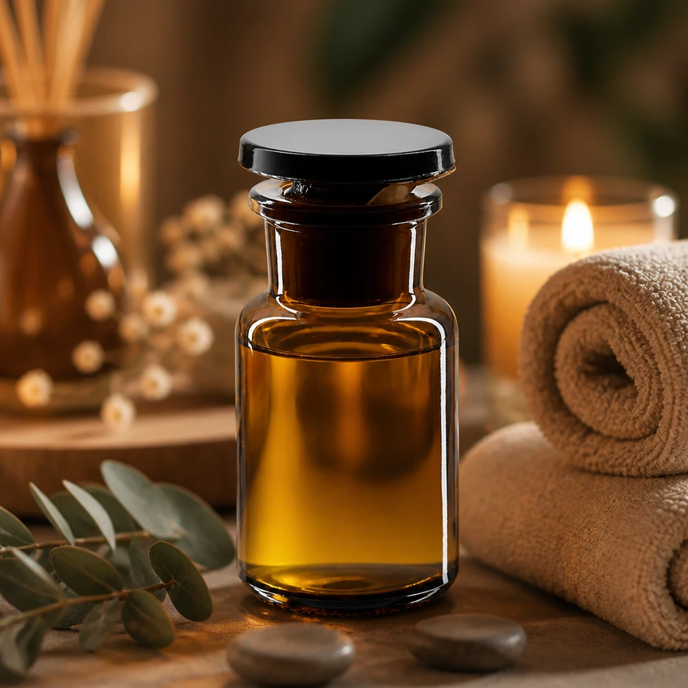Bursztynowa butelka aptekarska z szeroką szyjką o pojemności 50 ml z czarnym korkiem w stylu spa