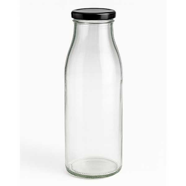 Butelka szklana 500 ml + pokrywka BasicSeal czarna UNiTWIST. Całkowicie szczelna z dużą pokrywką TO48. Do mleka, soków i lemoniady.