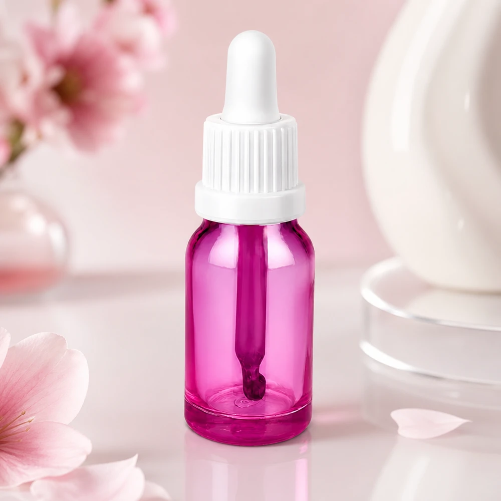 Elegancka butelka z pipetą 10 ml w kolorze fioletowym z białym zakraplaczem do olejków eterycznych