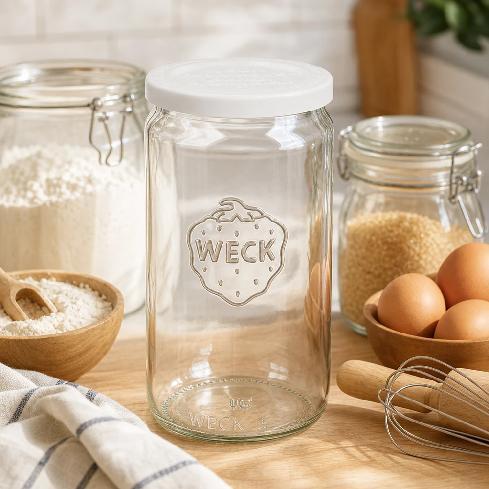 WECK 340ml pusty słoik z białą pokrywką RR60 w kuchni do pieczenia z jajkami, mąką i drewnianymi przyborami kuchennymi