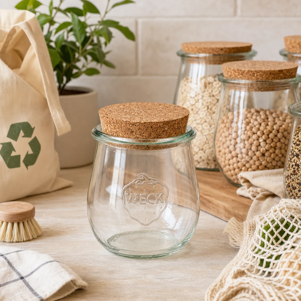 Słoik tulipan 220ml WECK RR60 z korkiem naturalny Słoik WECK tulipan RR60 220ml pusty z korkową pokrywką w zrównoważonej kuchni zero waste obok słoików do przechowywania roślin strączkowych