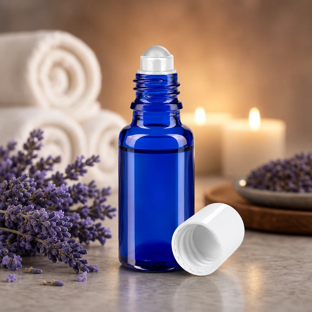 Butelka apteczna niebieska 20ml nakrętka roll-on biała Niebieska szklana buteleczka apteczna o pojemności 20 ml z kulką ze stali nierdzewnej obok kwiatów lawendy i świec