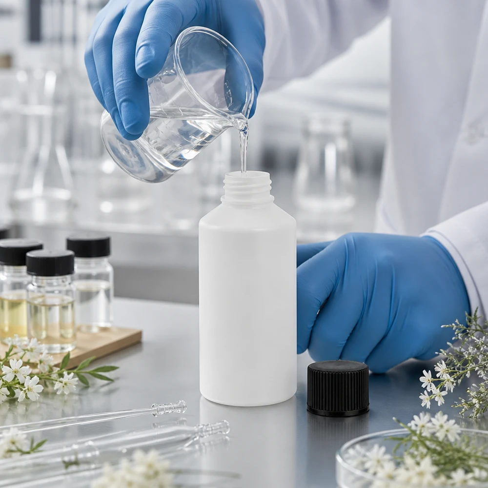 Laborant wlewa przezroczysty płyn do białej butelki aptecznej z HDPE o pojemności 50 ml z zakrętką
