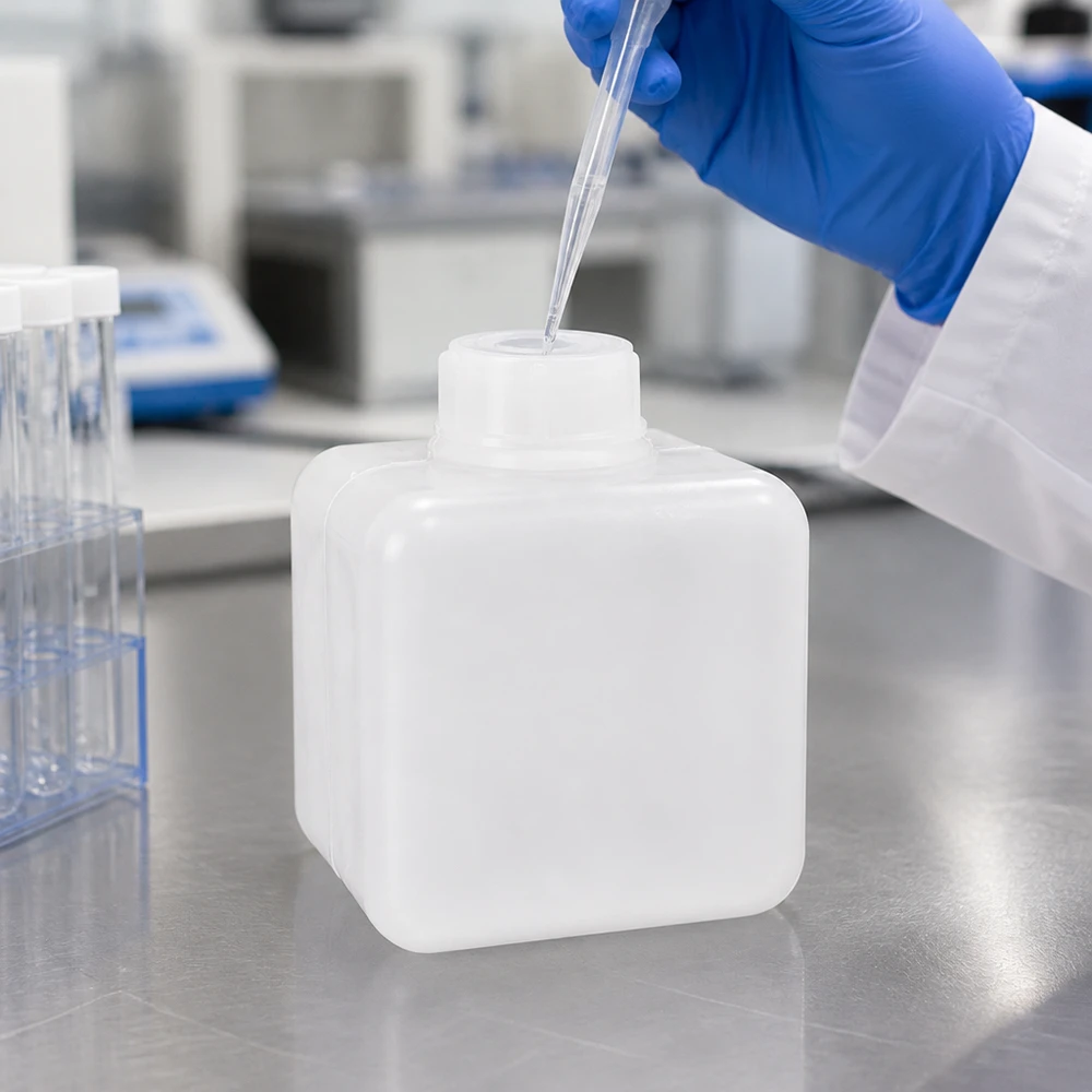 Laborant pipetuje próbkę do butelki na chemikalia z PE-HD o wąskiej szyjce, o pojemności 500 ml, w kolorze naturalnym