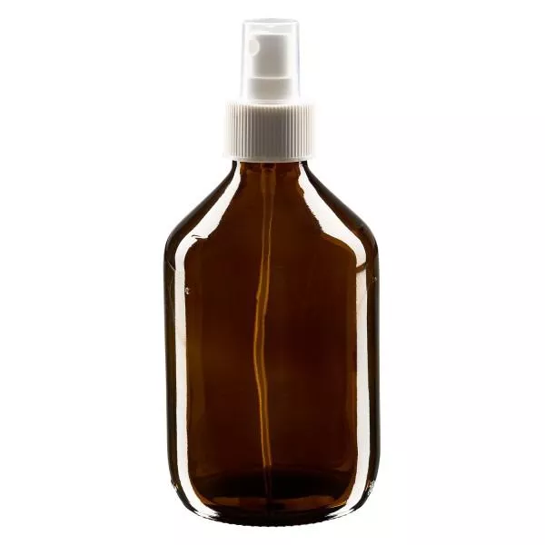 Butelka na lek 300 ml brązowa, z pompką rozpylającą białą ApoGlas. Farmaceutyczna jakość produkcji UE. Gwint 28 mm (PP28). (syrop, butelka z lekkiego szkła)