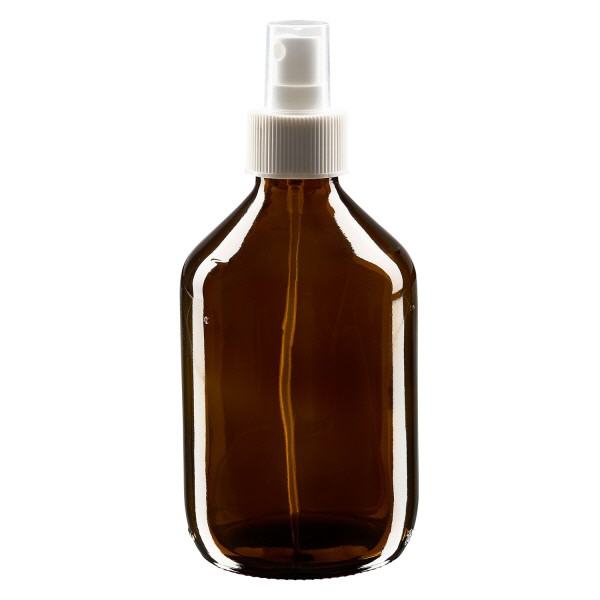 Butelka na lek 300 ml brązowa, z pompką rozpylającą białą ApoGlas. Farmaceutyczna jakość produkcji UE. Gwint 28 mm (PP28). (syrop, butelka z lekkiego szkła) Butelka na lek 300 ml brązowa, z pompką rozpylającą białą ApoGlas. Farmaceutyczna jakość produkcji UE. Gwint 28 mm (PP28). (syrop, butelka z lekkiego szkła)
