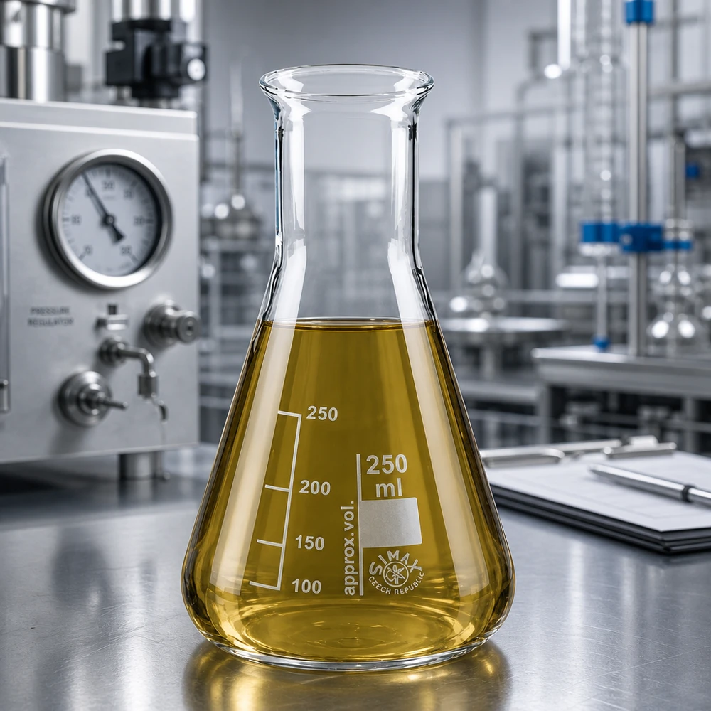 Kolba Erlenmeyera 250 ml z wąską szyjką Odporna na wysoką temperaturę kolba Erlenmeyera o pojemności 250 ml wykonana ze szkła borokrzemowego z żółtym płynem o nowoczesnym, laboratoryjnym wyglądzie.