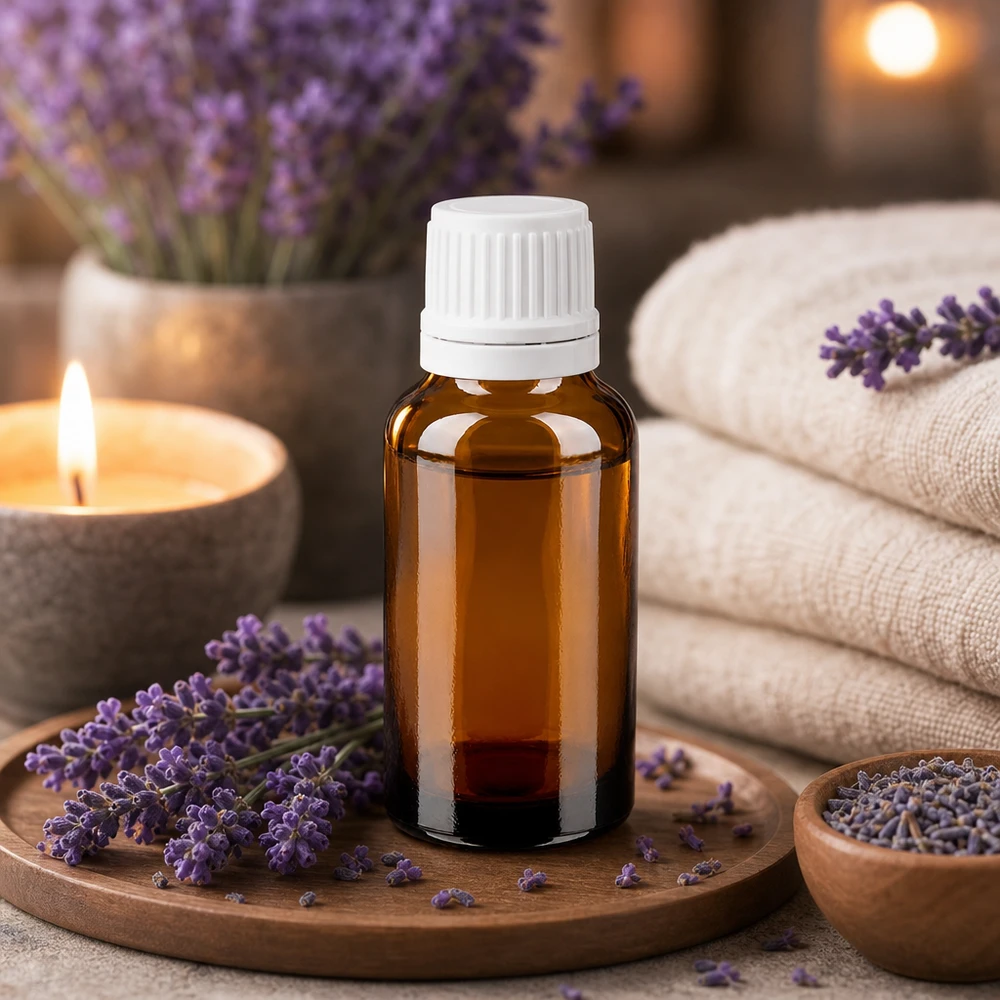 Brązowa szklana buteleczka o pojemności 20 ml z białą nakrętką zabezpieczoną przed dziećmi, przeznaczona do aromaterapii i kosmetyków naturalnych