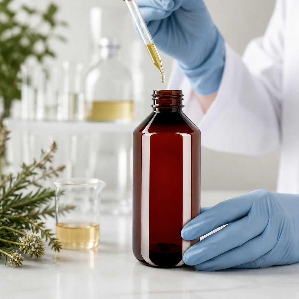 Butelka PET 1000ml z niebieską nakrętką OV Brązowa butelka PET o pojemności 1000 ml z pipetą kroplową, stosowana w laboratorium do olejków eterycznych i ekstraktów