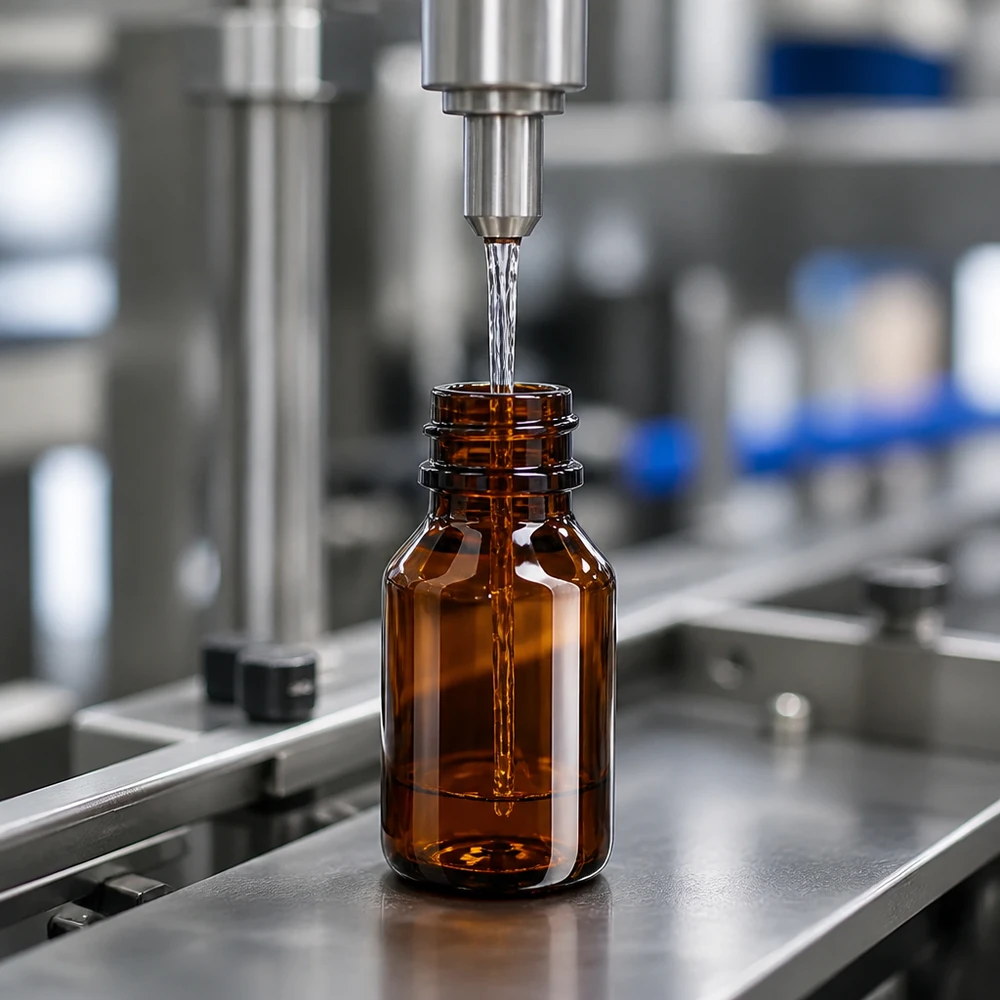 Butelka PET 50 ml z atomizerem czarna Braune Schutzglasflasche wird maschinell mit Flüssigkeit auf Produktionslinie befüllt