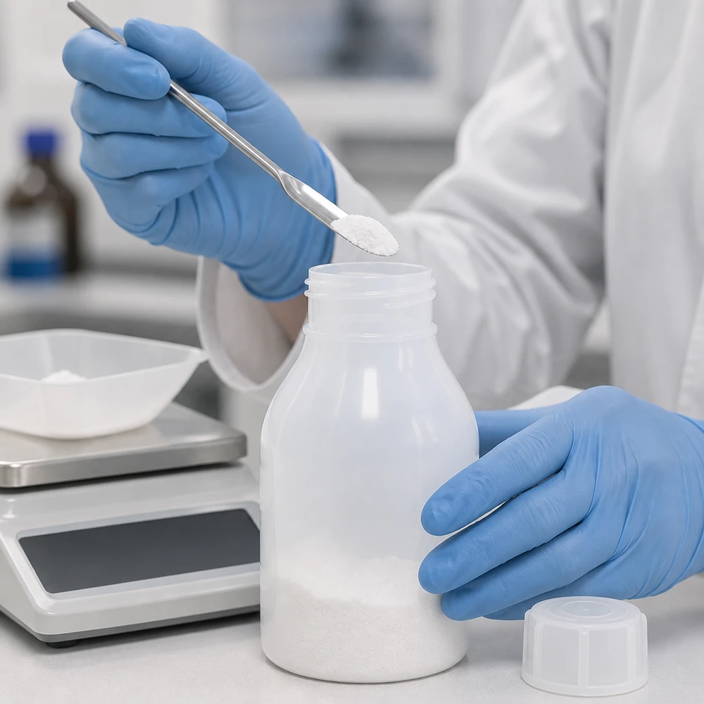 Butelka zakręcana 30 ml, butelka laboratoryjna z wąską szyjką Biały proszek laboratoryjny jest umieszczany za pomocą szpatułki w butelce z wąską szyjką o pojemności 30 ml, wykonanej z HDPE i wyposażonej w zakrętkę