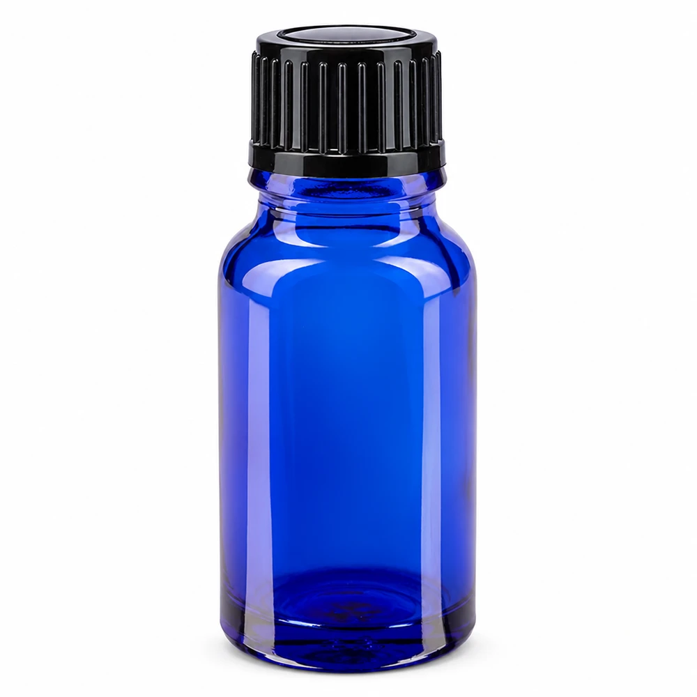 10 ml niebieska szklana buteleczka apteczna z czarną zakrętką standardową 11 mm