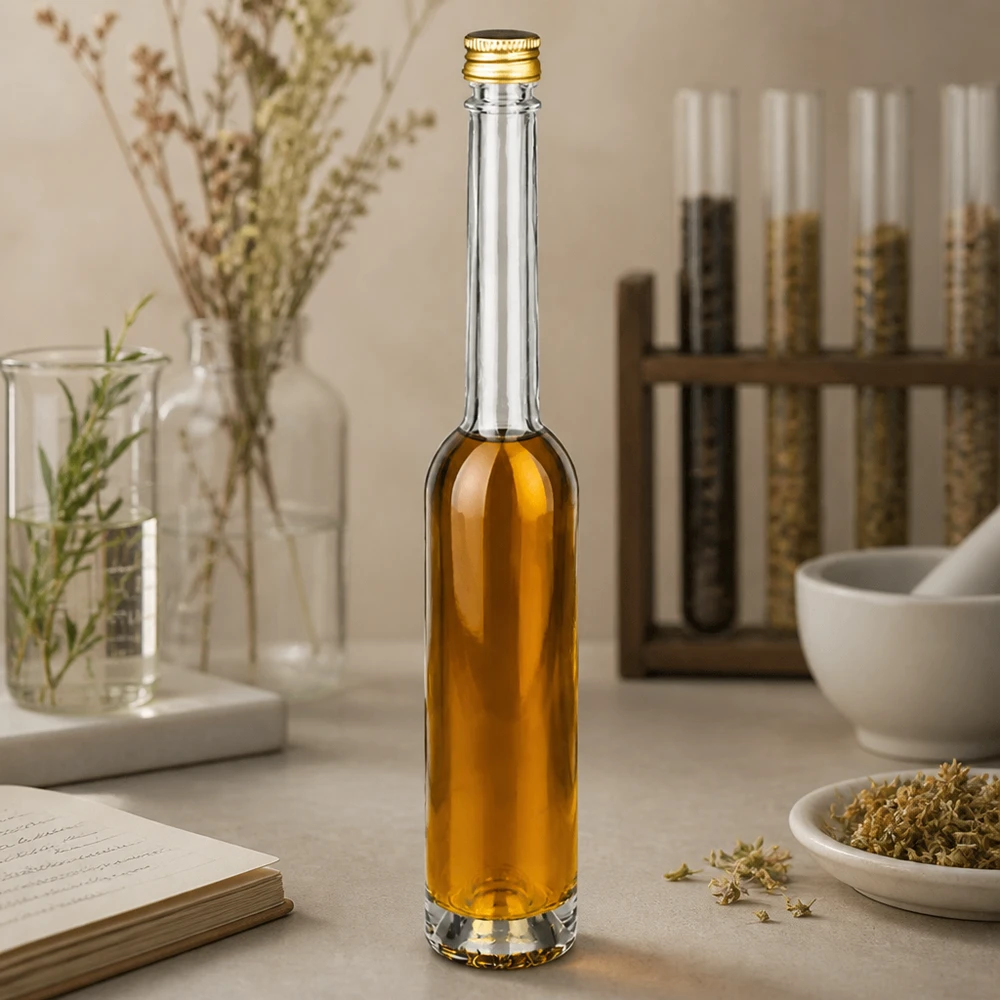 100ml Glasflasche Toni mit bernsteinfarbener Flüssigkeit in apotheker-inspiriertem Ambiente - UNiTWIST Goldverschluss