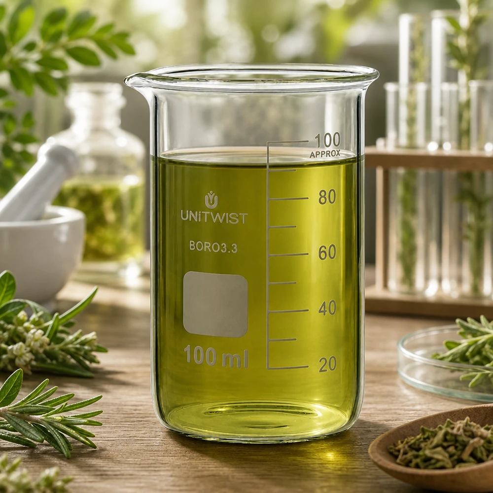 Szklanka UNITWIST o pojemności 100 ml, wysoka, wykonana ze szkła borokrzemowego, wypełniona zielonym olejkiem ziołowym i otoczona świeżymi ziołami leczniczymi