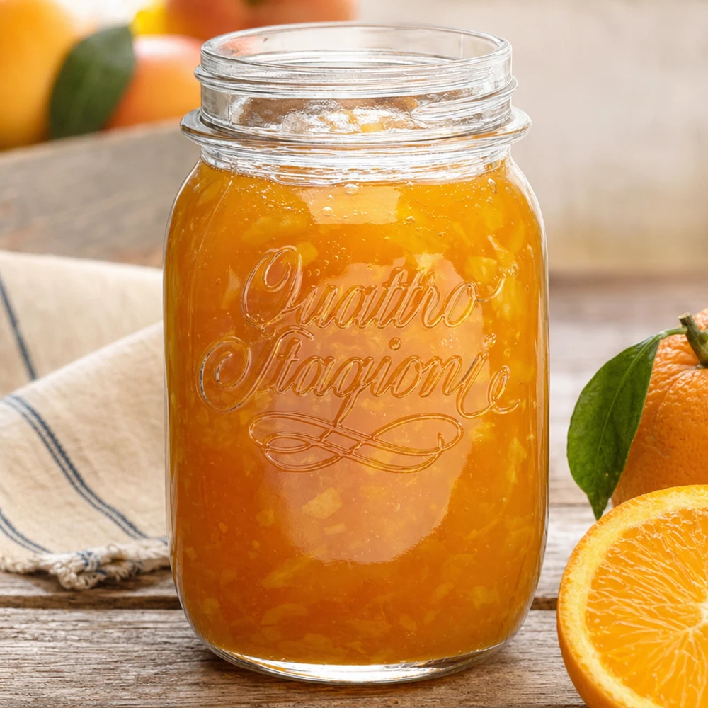 Szklanka do użytku domowego 500 ml "Quattro Stagioni" 500 ml słoik Quattro Stagioni wypełniony marmoladą pomarańczową obok świeżych pomarańczy na drewnianym stole