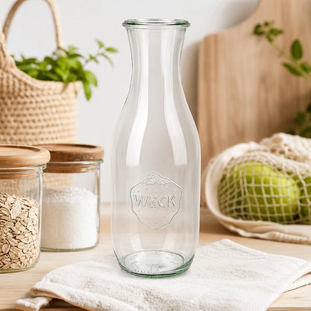 Butelka na sok WECK RR60 o pojemności 1062 ml Butelka na sok WECK 1062 ml RR60 na białej tkaninie w zrównoważonej kuchni ze słoikami do przechowywania i organicznymi warzywami
