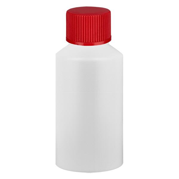 Butelka apteczna HDPE 50ml biała, z czerwonym SV Butelka apteczna HDPE 50ml biała, z czerwonym SV