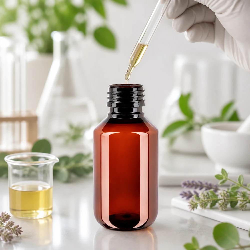 Brązowa butelka PET o pojemności 100 ml z gwintem PP28, przeznaczona do olejków eterycznych i kosmetyków naturalnych, bez nakrętki