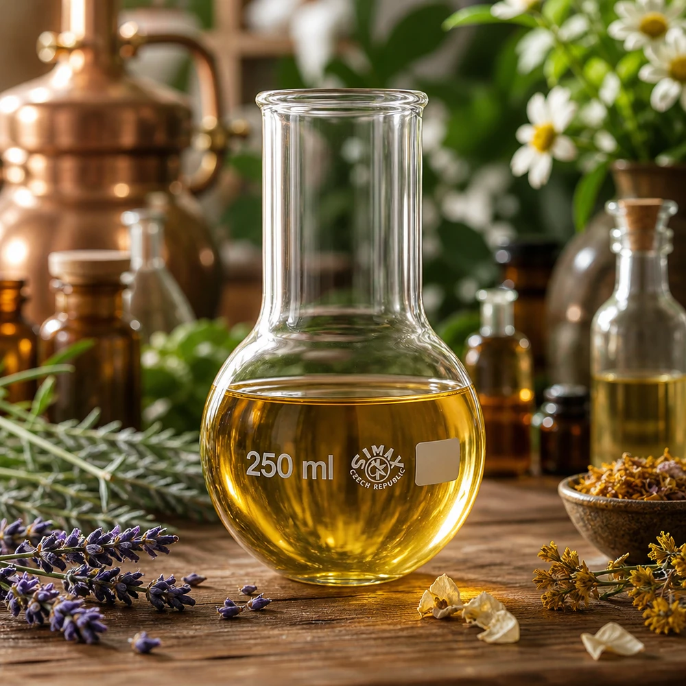 Kolba okrągłodenna z szeroką szyjką 250 ml Przezroczysta kolba okrągłodenna o pojemności 250 ml z szeroką szyjką, idealna do destylacji i ekstrakcji w laboratoriach